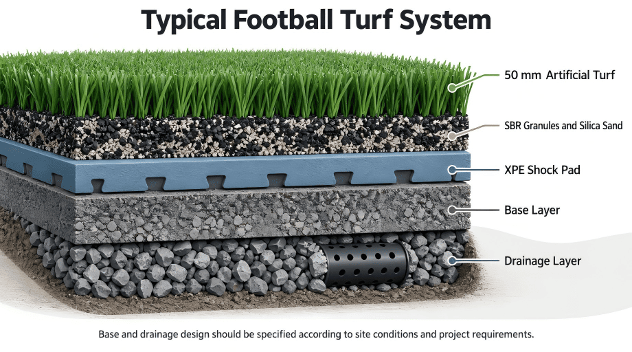 A FIFA football turf pitch is a complete system, from the playing surface to the base and drainage.