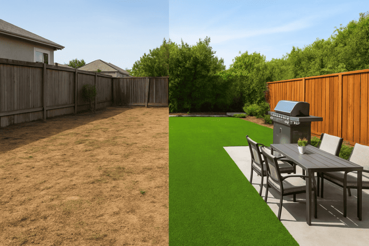 Family backyard with soft artificial grass from CGT Leisure Grass Series—before and after
