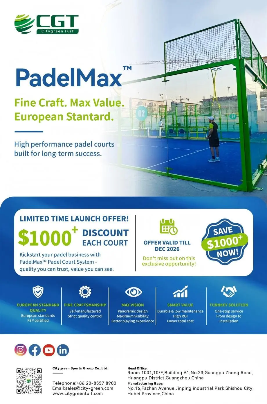 PadelMax panoramic padel court launch offer with 1000 dollar discount per eligible court