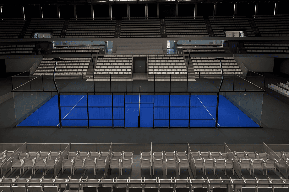 Super panoramic padel court with black minimal-frame structure in a professional stadium
