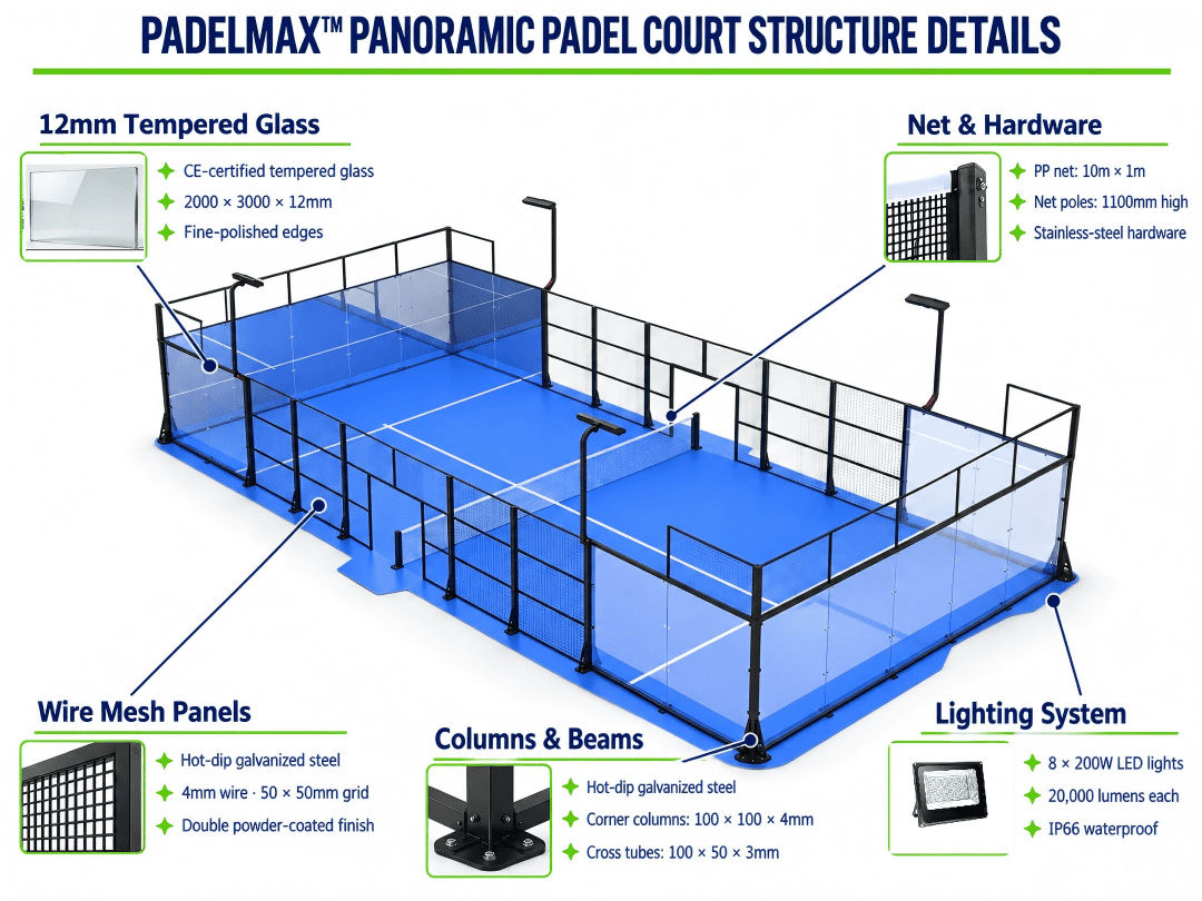 PadelMax panoramic padel court structure with galvanized steel and tempered glass